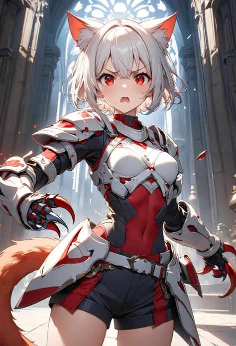 short hair, (red eyes:1.5),  animal ears, tail, white hair, shorts, cat ears, cat tail, Light armor、Gauntlets with long claws, (small breast:1.2), BREAK looking at viewer, BREAK outside, BREAK (masterpiece:1.2), best quality, high resolution, unity 8k wall...