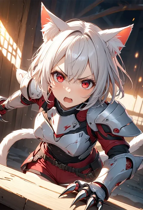 short hair, (red eyes:1.5),  animal ears, tail, white hair, shorts, cat ears, cat tail, Light armor、Gauntlets with long claws, (small breast:1.2), BREAK looking at viewer, BREAK outside, BREAK (masterpiece:1.2), best quality, high resolution, unity 8k wall...