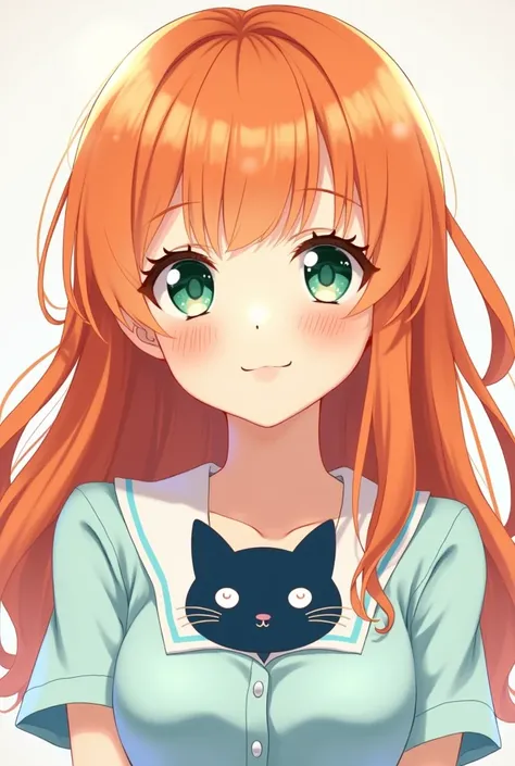 Make an anime style girl with orange hair and green eyes with a smile with blushing cheeks wearing a light and dark blue shirt with a dark blue cat face on the blouse 