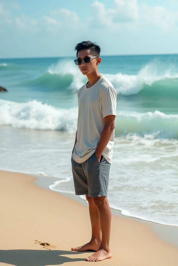 (photorealism) 20 year old Indonesian man ,Thin and short body (short) ,hairstyle (short slicked back) on the beach with waves in the background ,wearing a t-shirt and shorts,wearing sunglasses ,barefoot ,