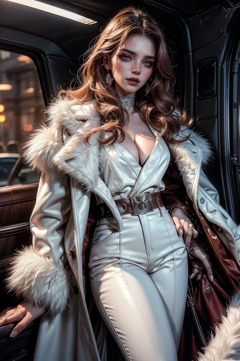 (cowboy shot), a beautiful young woman with long red hair, lora_Emma, (black high waist leather pants), (formal white top with cleavage), waist belt, a white fur coat, (red shaded sunglasses), standing outside,(best quality,4k,8k,highres,masterpiece:1.2),u...