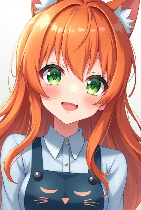 Make a hentai anime style image orange haired girl with green eyes with a smile with blushing cheeks with a light and dark blue shirt with a dark blue cat face on the blouse 