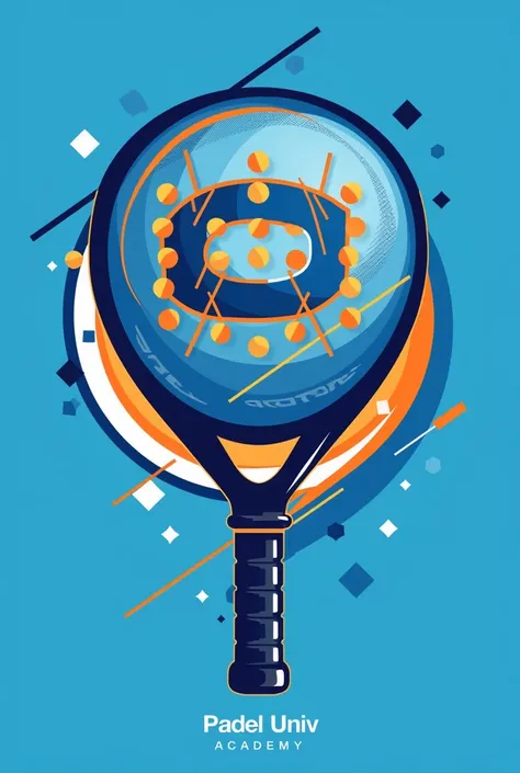 Make a logo for a padel academy, which is called Padel, UNIV, Academy, using blue white and orange colors