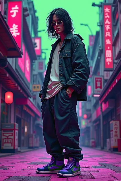 A psychedelic artwork with purple and green details of a man with long black hair, with sunglasses, the hair is a bit messy, wearing baggy clothes and purple and green sneakers smoking a cigarette in Japan 
