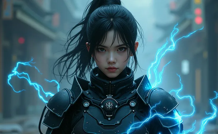 The figure of a young male samurai, with a robotic armor, with a pale face, reckless look, deep black eyes, black hair with fluids tied in a cyber environment of unreal black and blue colors