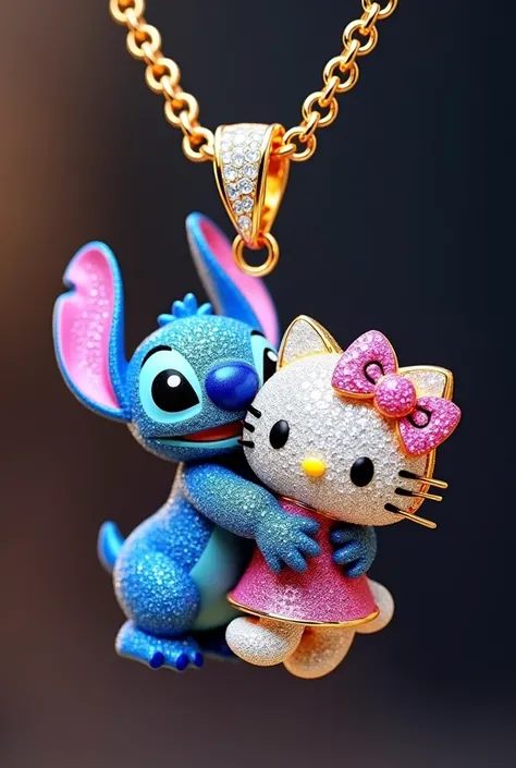 A Cuban chain necklace with a pendant featuring Stitch and Hello Kitty hugging each other made of forward-facing diamonds.