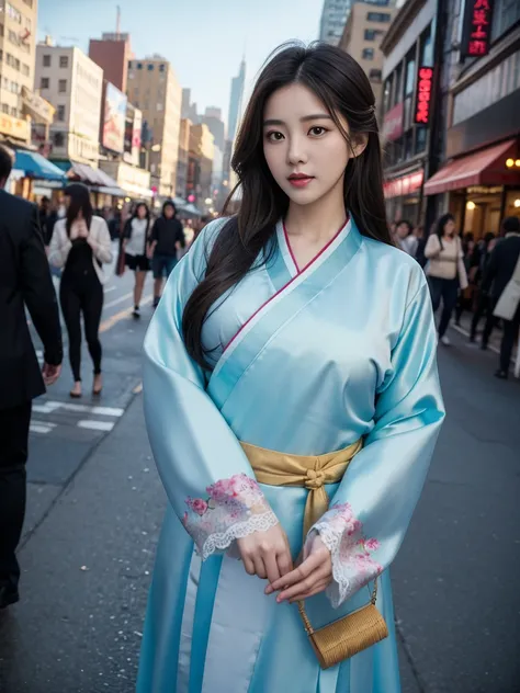 breasts visible, A beautiful woman in a hanbok causing a ruckus in the city center, A street in downtown New York, 4K, Very detailed and beautiful face, beautiful body, big bust, natural