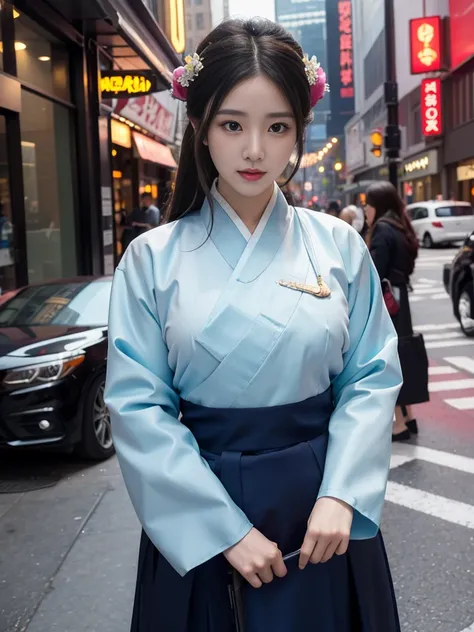 breasts visible, A beautiful woman in a hanbok causing a ruckus in the city center, A street in downtown New York, 4K, Very detailed and beautiful face, beautiful body, big bust, natural