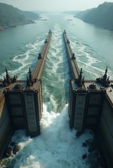 A close-up of the Farakka Dams water gates in operation, illustrating the diversion of water from the Ganges River into the Hooghly River.