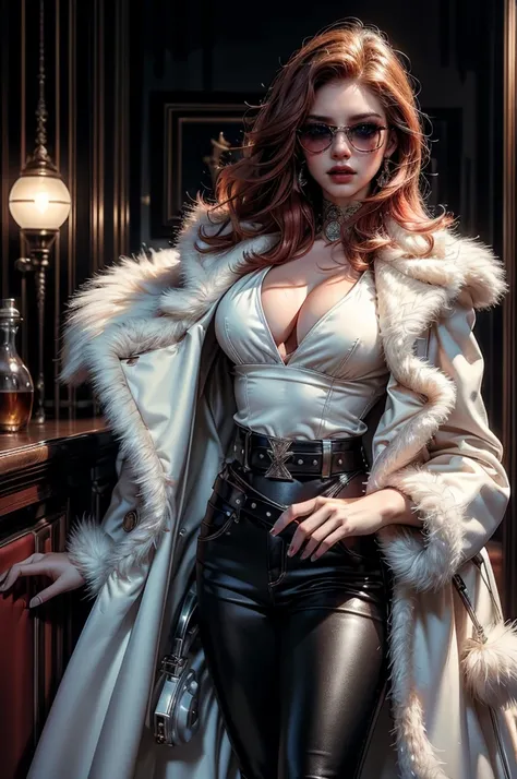 (cowboy shot), a beautiful young woman with long red hair, lora_Emma, (black high waist leather pants), (formal white top with cleavage), waist belt, a white fur coat, (red shaded sunglasses), standing outside,(best quality,4k,8k,highres,masterpiece:1.2),u...