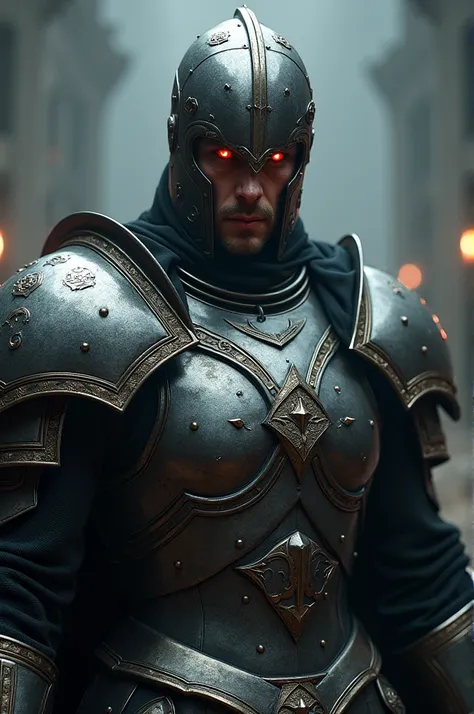 Create an image of a man in armor with red eyes looking at him
