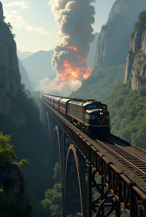 The German train passes over the bridge, with the explosion beginning to unfold.