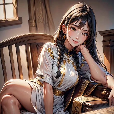 women, long hair with 2 braids, ((by white)), honey yellow eyes, Purple overalls with black blouse, long black nails, sitting on an armchair in a room, full body, chest a little big, bright smile, mischievous smile.