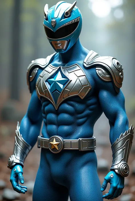  Full body photorealistic handsome hunky masculine cyan Power Ranger,,unreal engine, extremely attractive male wearing cyan and silver scales transparent mesh bodysuit, with embosed " star " on the chest, with belt and gloves and helmet,,,extremely masculi...