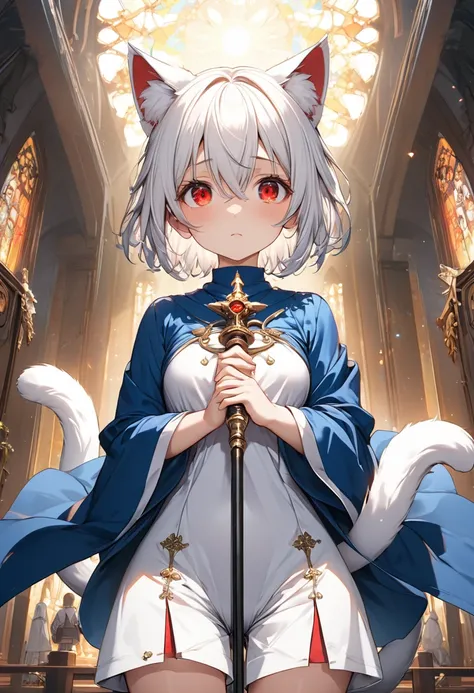 short hair, (red eyes:1.5),  animal ears, tail, white hair, shorts, cat ears, cat tail, Blue Robe、Staff, clergyman、prayer、(small breast:1.2), BREAK looking at viewer, BREAK outside, BREAK (masterpiece:1.2), best quality, high resolution, unity 8k wallpaper...