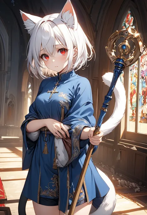 short hair, (red eyes:1.5),  animal ears, tail, white hair, shorts, cat ears, cat tail, Blue Robe、Staff, clergyman、prayer、(small breast:1.2), BREAK looking at viewer, BREAK outside, BREAK (masterpiece:1.2), best quality, high resolution, unity 8k wallpaper...