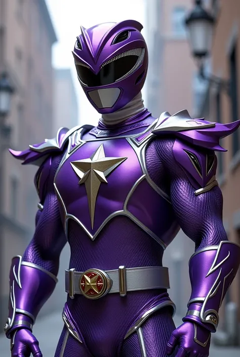  Full body photorealistic handsome hunky masculine Violet Power Ranger,,unreal engine, extremely attractive male wearing Violet and silver scales transparent mesh bodysuit, with embosed " star " on the chest, with belt and gloves and helmet,,,extremely mas...