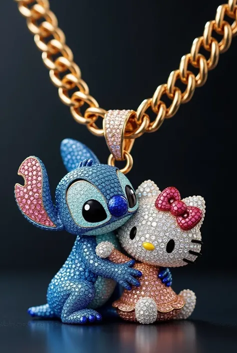 A Cuban chain necklace with a pendant featuring Stitch and Hello Kitty hugging each other made of diamonds facing forward.