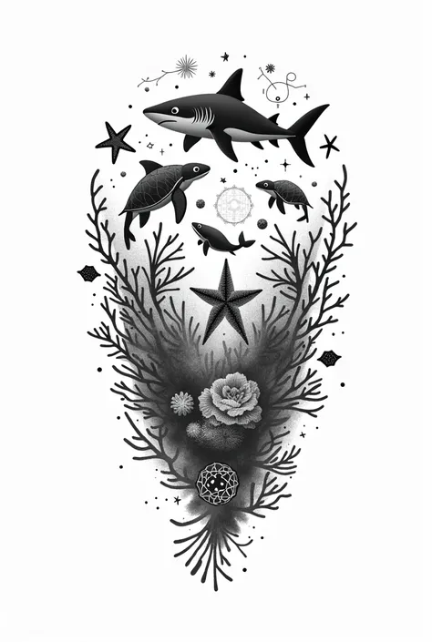 Black and white marine biology logo with different animals and scientific concepts with the text 4th week of marine biology
