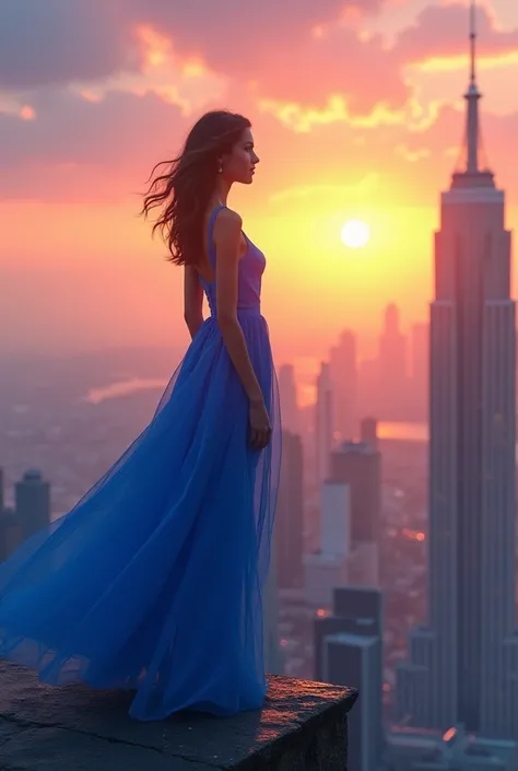 blue dress Women watching sunrise on top of sky scrapper