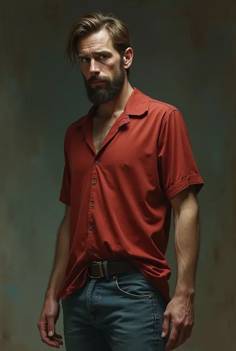 A tall man, Scrawny, offwhite, with jeans, Red shirt, brown hair combed to the side, with a slightly grown beard, tired of being deceived by a woman 