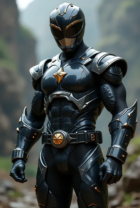  Full body photorealistic handsome hunky masculine black Power Ranger,,unreal engine, extremely attractive male wearing black and silver scales transparent mesh bodysuit, with embosed " star " on the chest, with belt and gloves and helmet,,,extremely mascu...