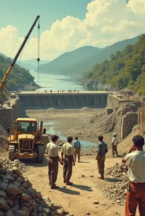 "A historical illustration or vintage photo of the construction of the Farakka Dam in the 1970s, with workers and machinery at the site."