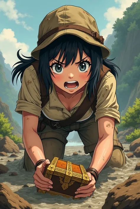 Japanese anime style,woman,地の底から這い上がっているwoman,The clothes are dirty,Trying to crawl up,treasure hunter,泥まみれのwoman,Holding the treasure,Japanese Style,アニメのwoman,Very happy