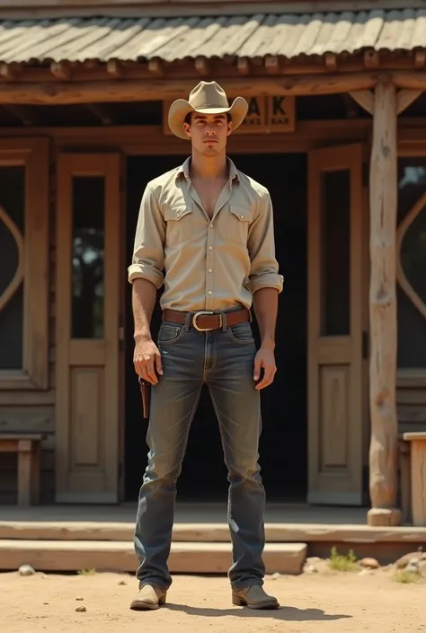  young handsome beautiful white skinny soft skin cowboy behind him a cowboy bar