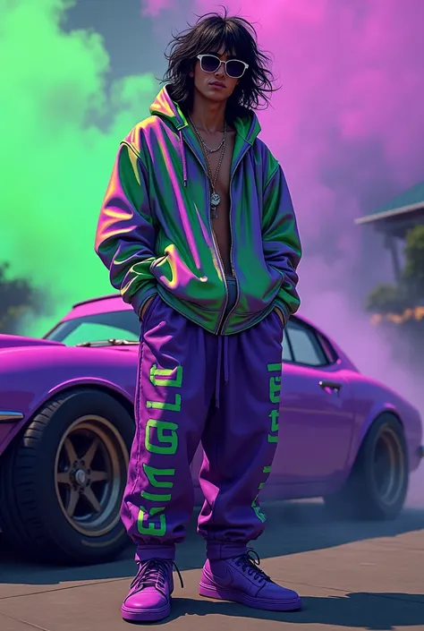 A psychedelic artwork with purple and green details of a man with long black hair that doesn&#39;t go past his shoulders, with sunglasses, the hair is a bit messy, wearing purple and green baggy clothes and purple and green sneakers smoking cigarette next ...