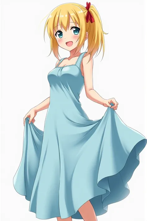 anime style character, girl with long dress lifted up, while her vagina is visible, light blue dress, yellow and tied hair 