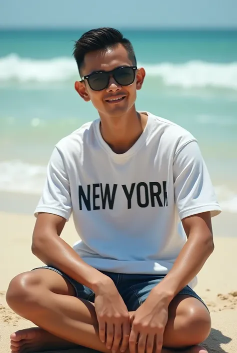 (photorealism) 1 Indonesian man ,Thin and short body (short) ,hairstyle (short slicked back) on the beach with waves in the background ,Wearing a white NY t-shirt and shorts,wearing black photochromic glasses ,barefoot ,