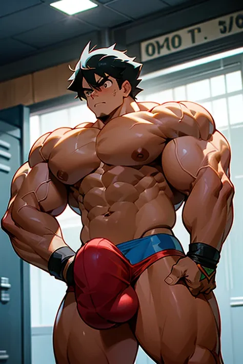 Ash Ketchum from Pokémon anime as a big dumb muscular bodybuilder jock in a locker room flexing and staring blankly as his eyes glow red under hypnosis as he repeats, "Bigger... Dumber.... Must obey.... More like a jock bro every day.... Yes, Coach. I obey...