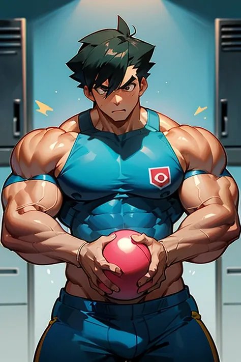 Ash Ketchum from Pokémon anime as a big dumb muscular bodybuilder jock in a locker room flexing and staring blankly as his eyes glow red under hypnosis as he repeats, "Bigger... Dumber.... Must obey.... More like a jock bro every day.... Yes, Coach. I obey...