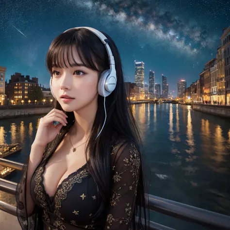 ((masterpiece)),(((Highest quality))),((Super detailed)) Realistically, 1 Girl, beautiful, Wearing headphones, one person　 Watching the night view, city, Starry Sky, building, night.　Long Black Hair　The wind is blowing　Cleavage