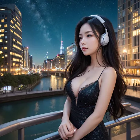 ((masterpiece)),(((Highest quality))),((Super detailed)) Realistically, 1 Girl, beautiful, Wearing headphones, one person　 Watching the night view, city, Starry Sky, building, night.　Long Black Hair　The wind is blowing　Cleavage