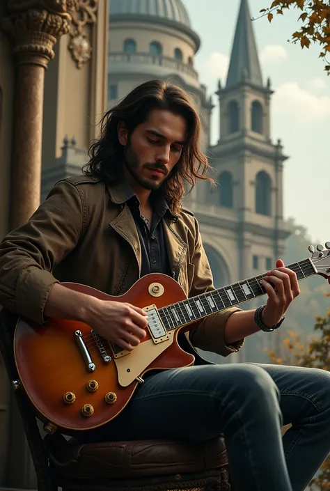 I want a young man with long hair, sem beard, with a Gibson Les Paul electric guitar sitting and behind him a church with a beautiful young woman with a guitar 