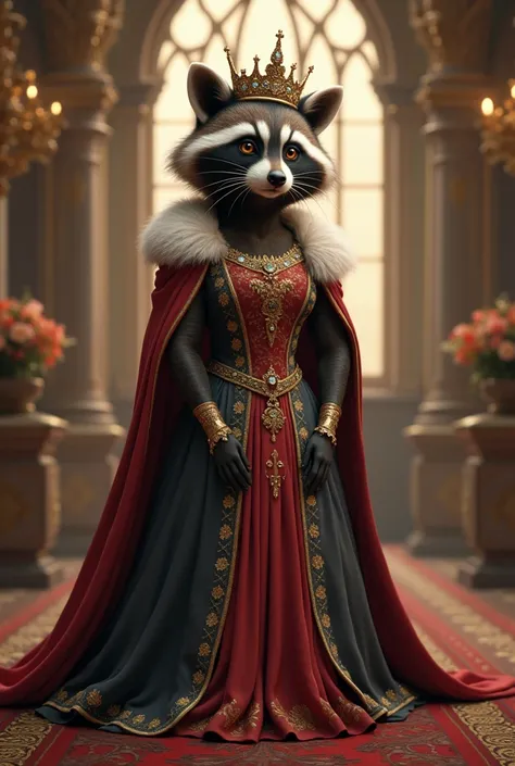 Raccoon queen with her crown and her full-body queen dress where you can see her feet