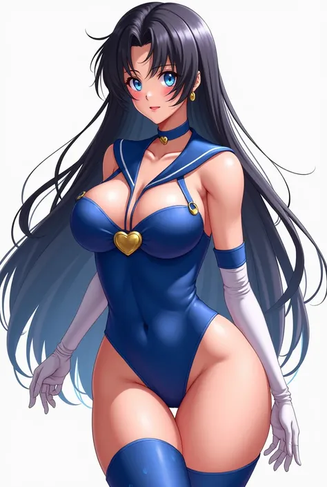 1girl, gloves, breasts, earrings, solo, jewelry, long hair, hair over one eye, covered navel, white gloves, choker, blue choker, black hair, blue eyes, looking at viewer, skirt, elbow gloves, sailor collar, leotard, large breasts, sailor senshi uniform, bl...