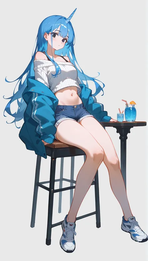 A woman，Blue hair，Long hair，Bangs，Blue unicorn，Navel，White off-the-shoulder sweater，Long sleeve，Show your shoulders，Denim shorts，Black eyes，Long hair，Anatomically correct, sports shoes，Simple background/No background, Portrait style, Setting diagram, Full ...