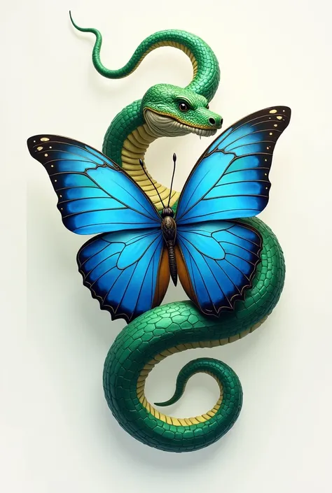 Logo of a green snake crawling on a blue butterfly.