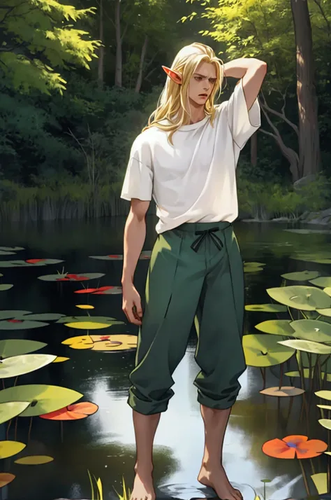 Tall male elf in regular white t-shirt with long blonde hair.  arms stretched above his head. YAWNING. standing next to a small pond with his pant cuffs rolled up to his knees, standing in the water.