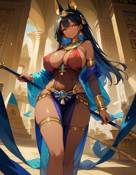 score_10,score_9_up,score_8_up,score_7_up, hadrian, looking at viewer, with Pyramid of Khufu view, in Egypt, female anubis, egyptian clothes, egyptian mythology, truncheon,staff, long black hair, dark skin, tall, wide hips, large breasts, voluptuous, matur...