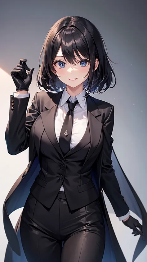 A woman in a black suit　tie　smile　　Black gloves