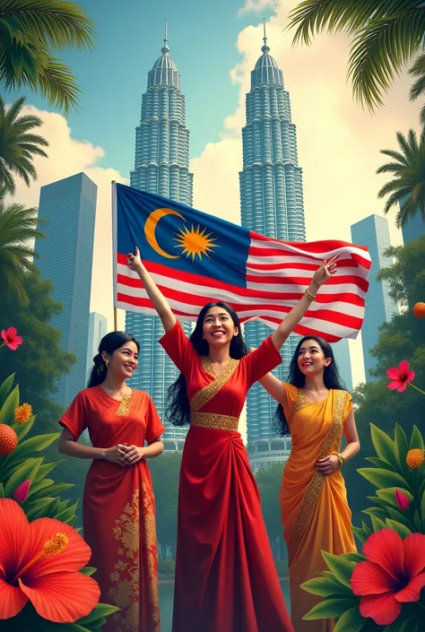 Malaysian independence poster in KLCC,rambutan fruit, Malaysian fruit,tiger,orangutan,rafflesian flower,Hibiscus,prempuan pakai baju kurung bahagia dengan pose memegang Malaysian flag,women wear cheogsam and women wear traditional Indian clothes, Malaysian...