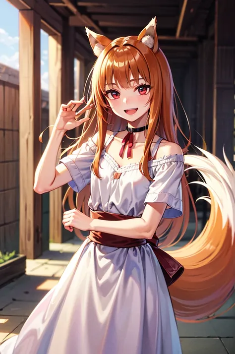 masterpiece, highest quality, high resolution, one person, long hair, brown hair, wolf ears, red eyes, wolf's tail, white tips o...