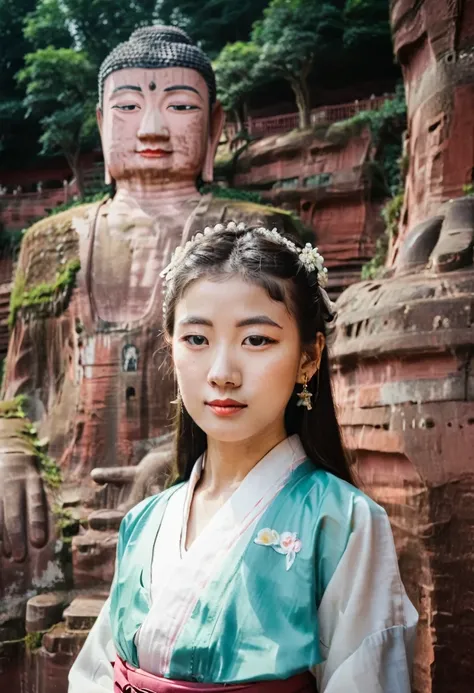 A girl in hanbok, pretty face, bust, standing in front of the Leshan Buddha in the background, film camera, Fuji, photographic prints, film tones