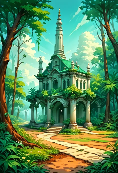 ralph-mcquarrie style, greek architecture done in a sci-fi style on a beautiful forest and meadow scene with tall buildings and ...