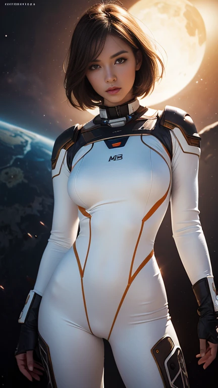 Hyperrealistic of a beautiful young woman in rusty white space suit in the style of Möbius , beautiful breasts, another planet universe background ,dynamic pose, medium long shot, soft lighting , gentle shadows, dim light, dark fantasy,