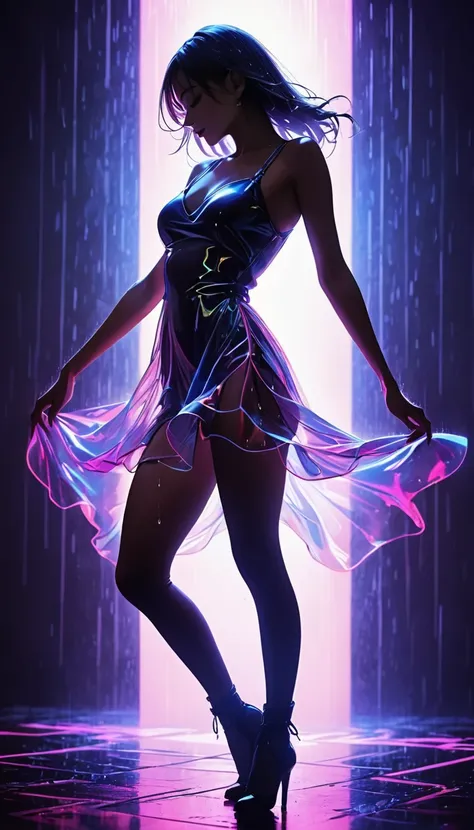 Beautiful female body silhouette, Sexy dance to seduce the audience, heavy rain, (perfect silhouette), Bold and attractive, BREAK A perfect silhouette with a dynamic feel, Sharp edges of neon art, A vivid and aesthetic depiction of rain, Sexy Dance Poses, ...